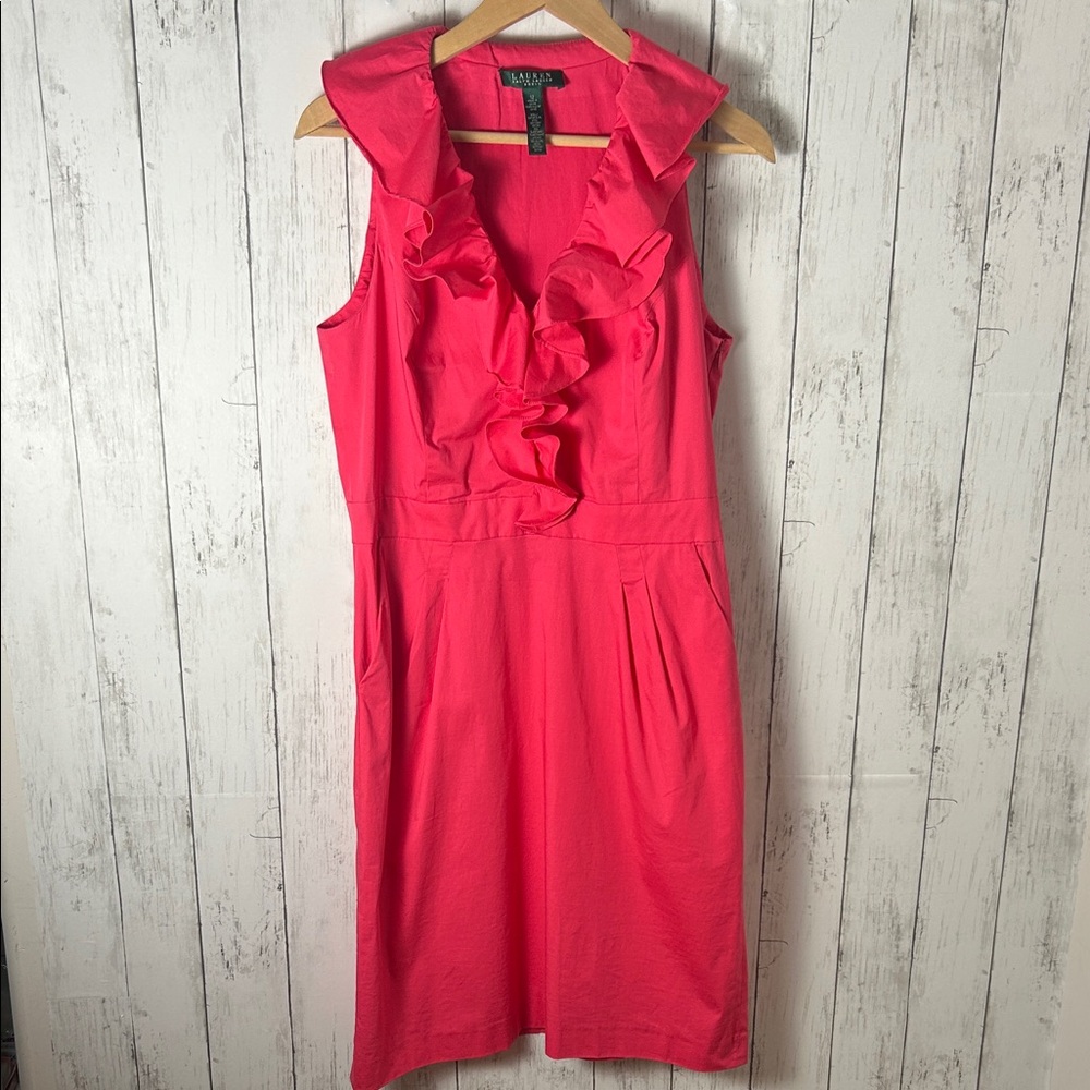 Lauren Ralph Lauren Ruffle Front Sleeveless Dress Pink Size 12 Cotton Blend